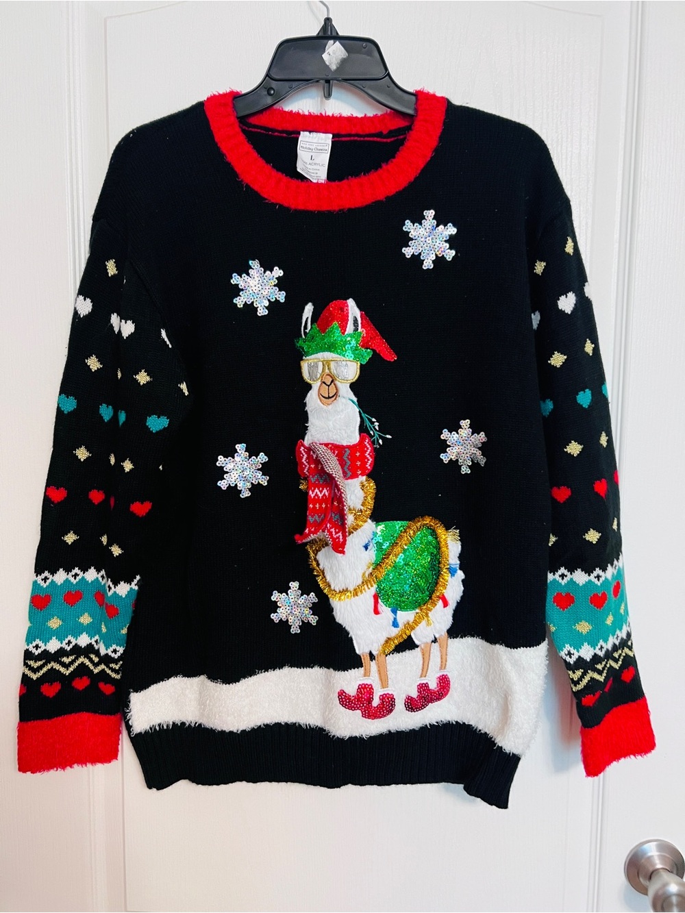 Black Christmas Llama Sweater with Red Trim Large